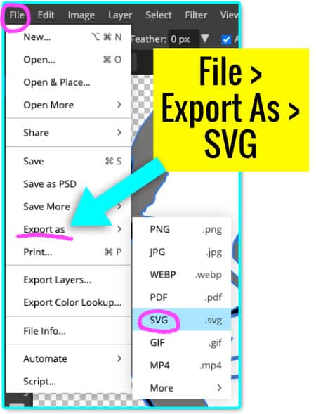 annotated screenshot showing the Export As SVG menu option in photopea
