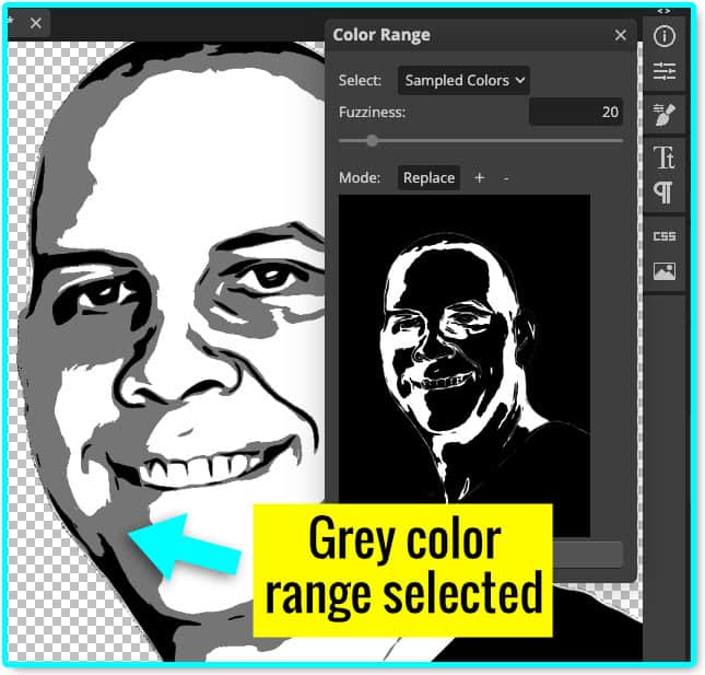 screenshot showing the color range tool being used to select all of the grey pixels in an image in photopea