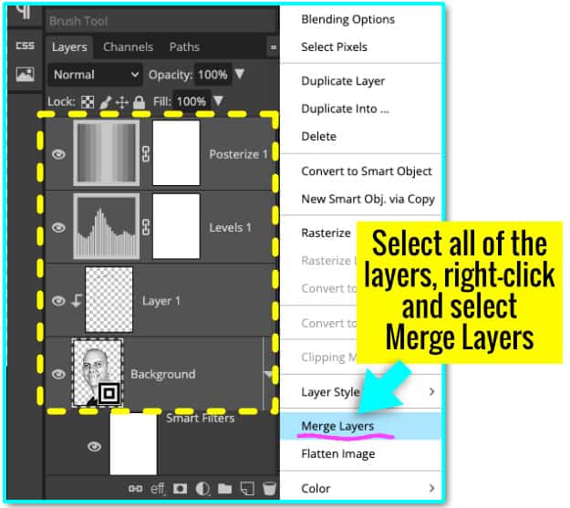 annotated screenshot showing how to merge multiple layers into a single layer in photopea