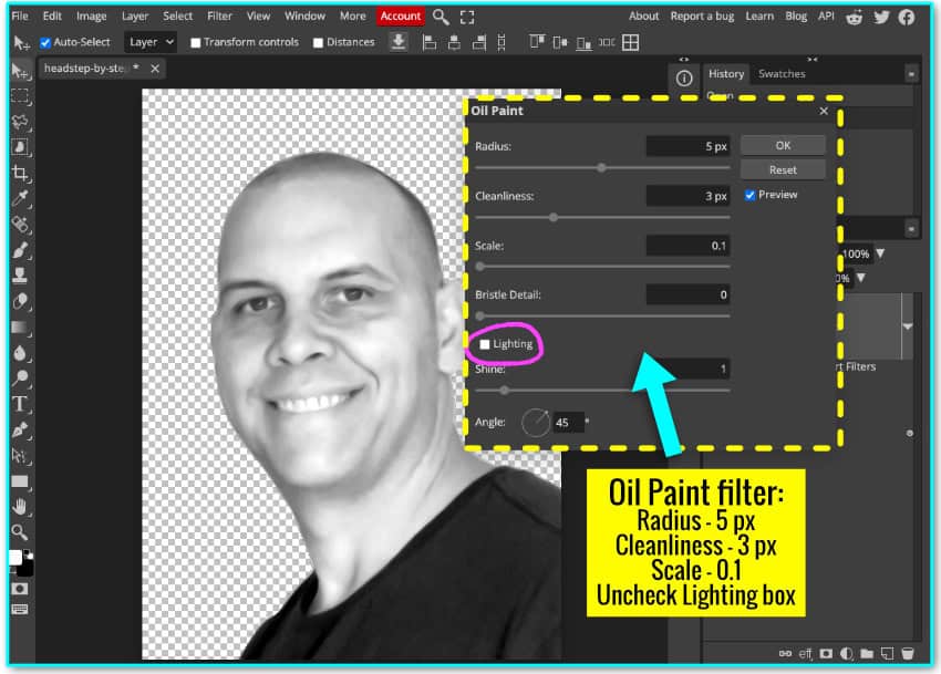 annotated screenshot showing how to apply the Oil Paint filter to an image in photopea