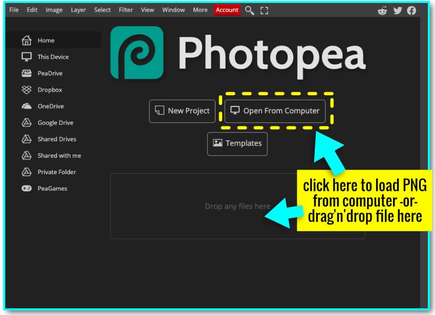 annotated screenshot of the Photopea.com home page