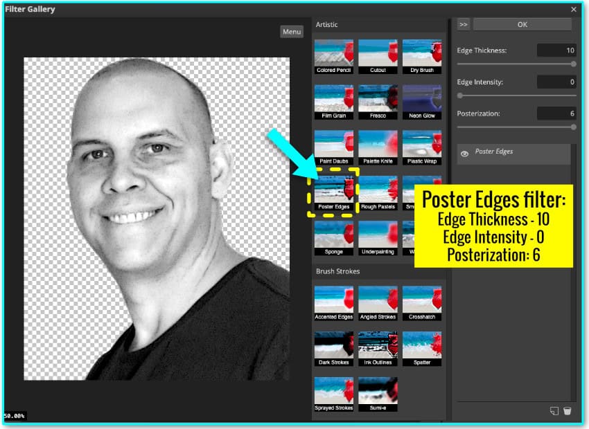 annotated screenshot showing how to apply the poster Edges filter to an image in photopea