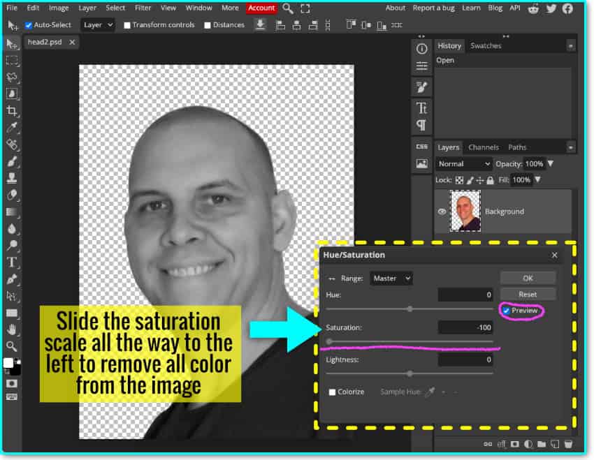 annotated screenshot showing how to use the Hue Saturation tool to convert image to black and white