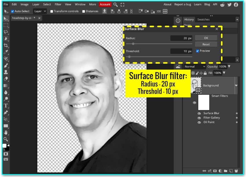 annotated screenshot showing how to apply the Surface Blur filter to an image in photopea