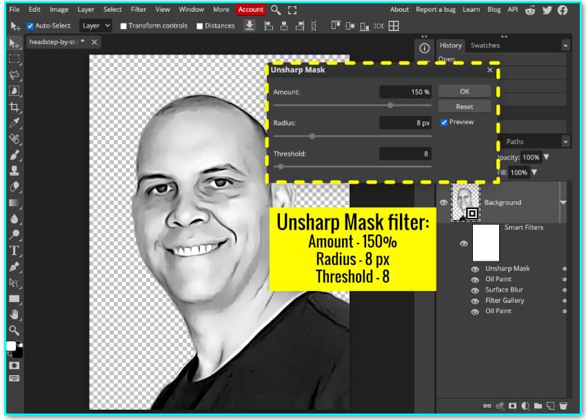 annotated screenshot showing how to apply the Unsharp Mask filter to an image in photopea