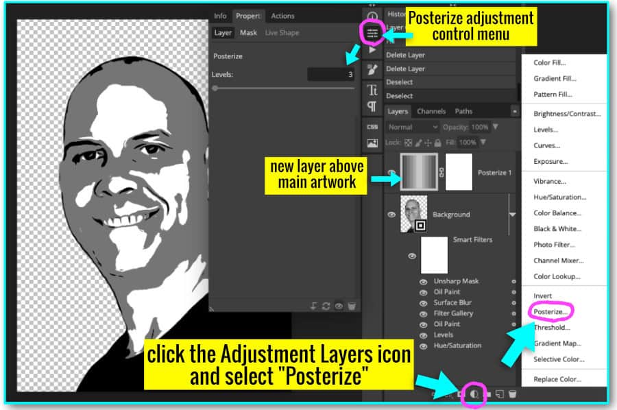 annotated screenshot showing how to add the Posterize adjustment layer in photopea