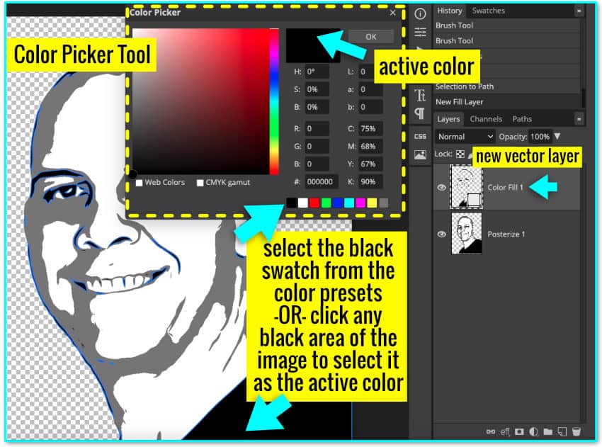 annotated screenshot showing how to use the color picker tool to select a fill color for the work path in photopea