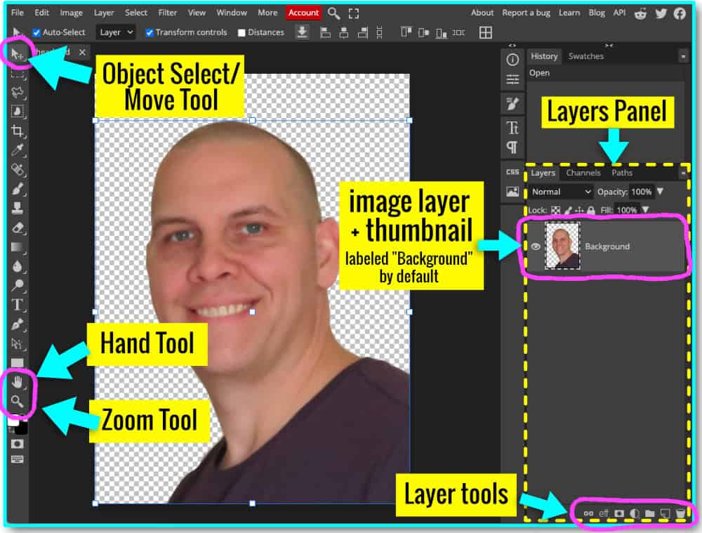 annotated screenshot of the photopea workspace, highlighting important tools in the left hand toolbar and the right side layers panel 