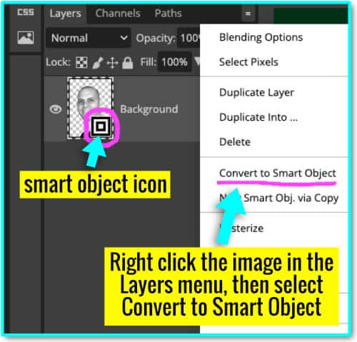 annotated screenshot showing how to convert a layer to a smart object in photopea