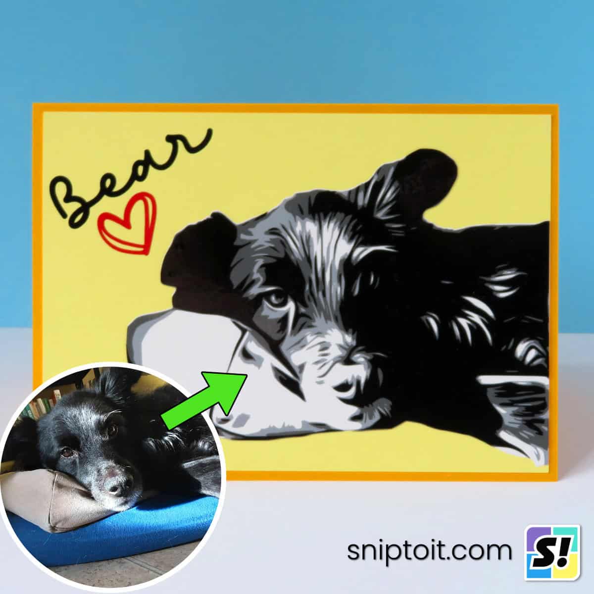 side by side images of a photo of a black dog, and a card bearing an svg image of the same dog cut out of 3 layers of vinyl mounted on yellow cardstock