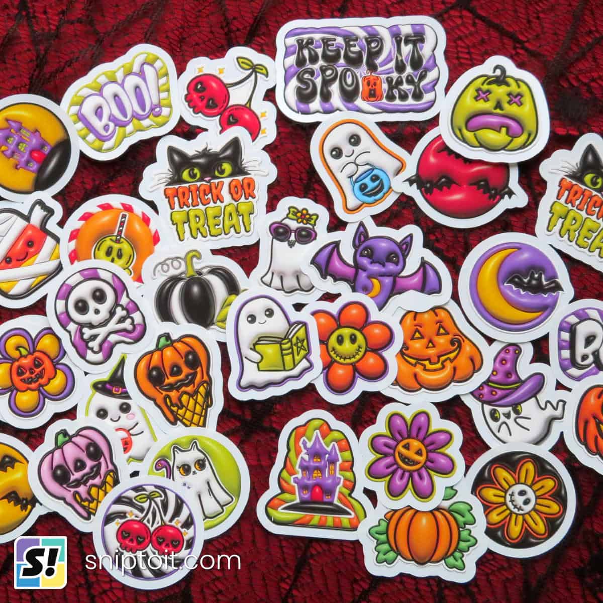 3D Halloween stickers featuring cute ghost, jack-o-lanterns, black cats and skulls