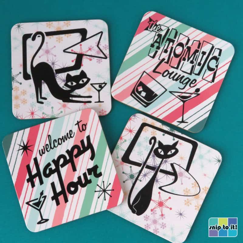 photo of coasters with 4 different mid century cocktail themed designs, featuring atomic cats and vintage fonts