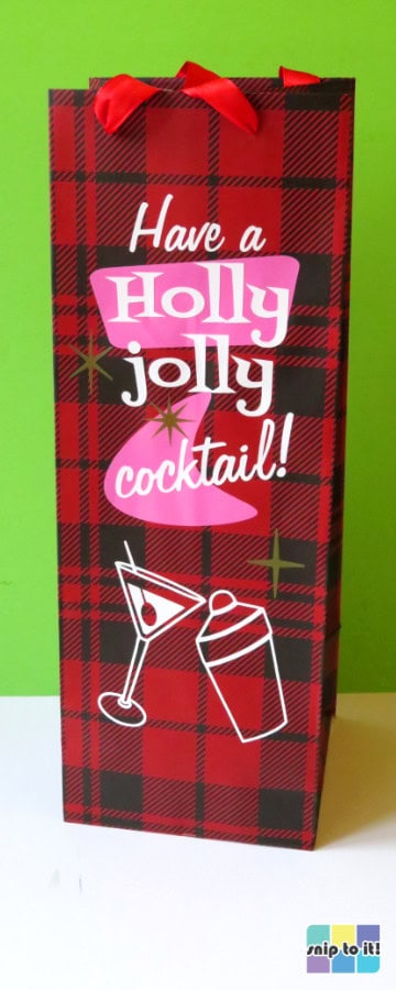 buffalo check print wine bag decorated with a mid-century modern style captioned "have a holly jolly cocktail"