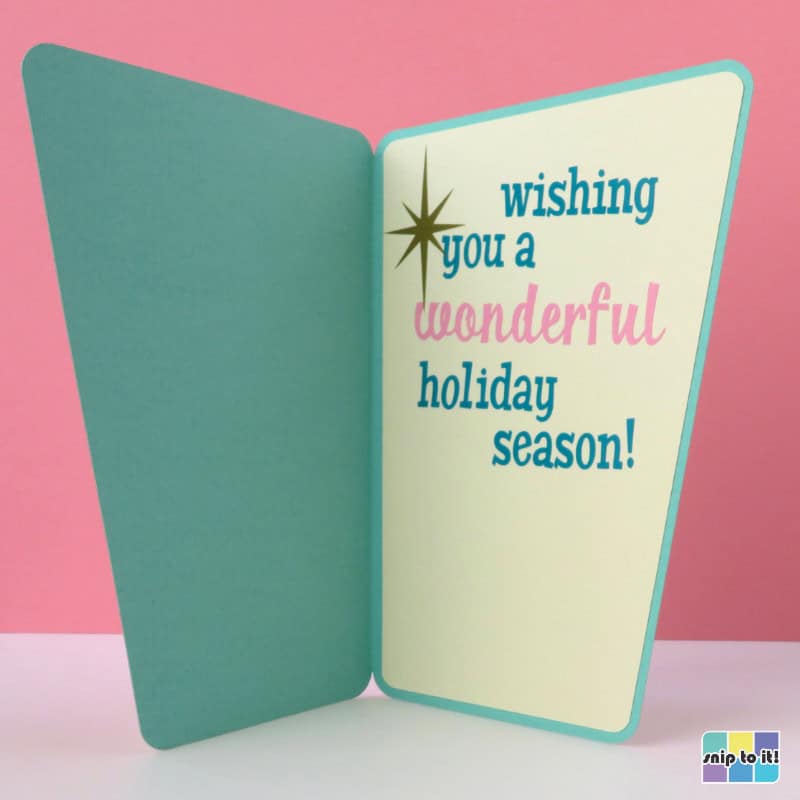 inside of mid century style Oh Deer card, with vinyl lettering "wishing you a wonderful holiday season"