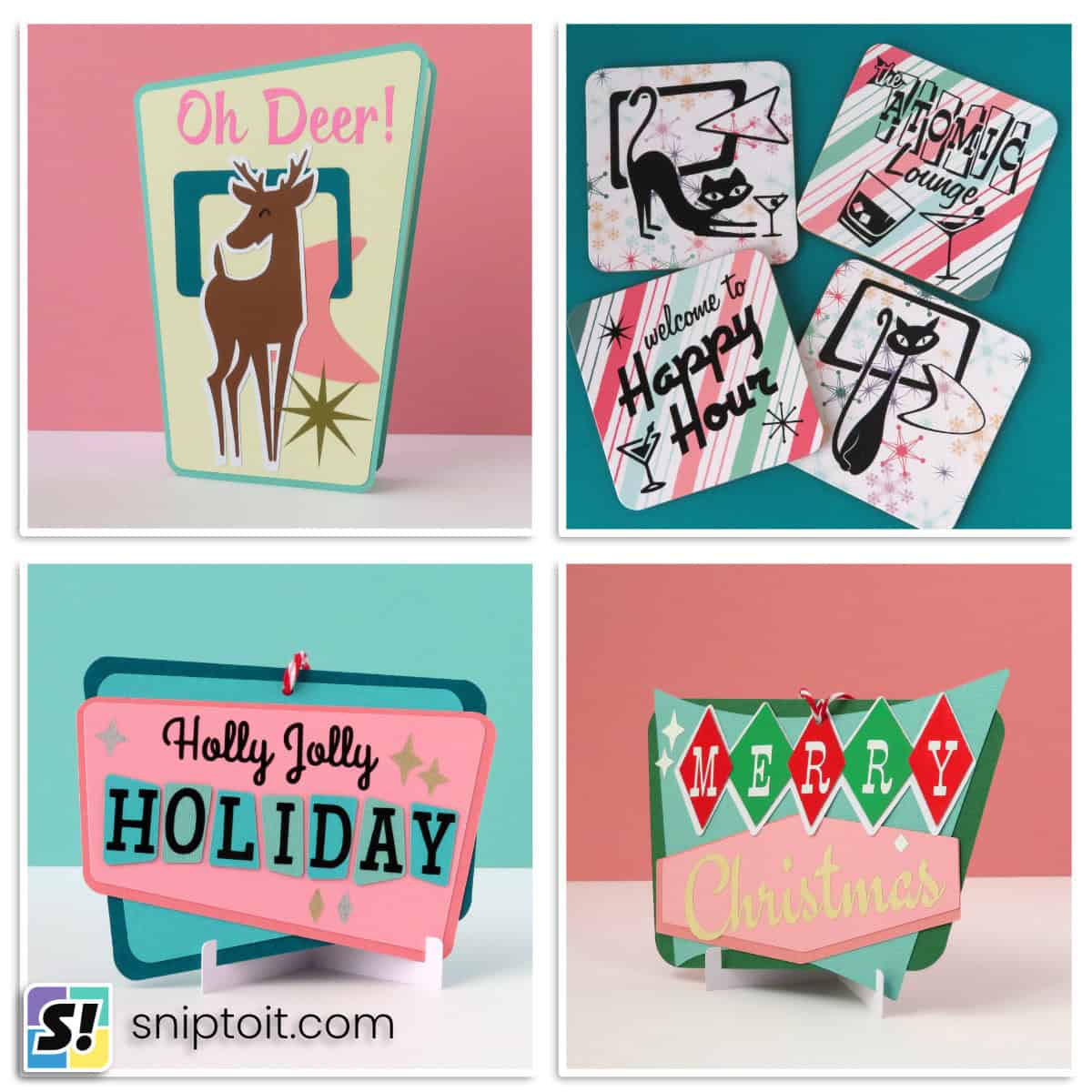 vintage christmas crafting projects feature image with a collage of mid century inspired paper crafts and holiday decorations in pink, teal, green and red