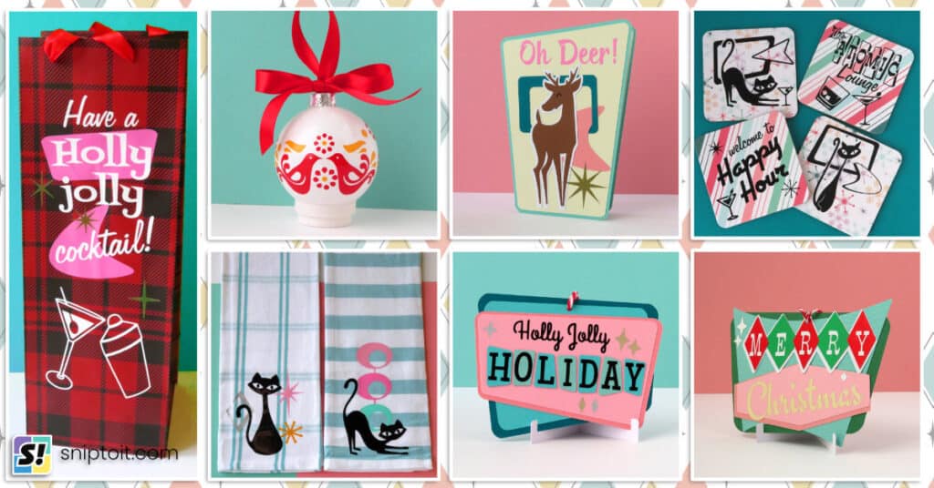 vintage christmas crafting projects feature image with a collage of mid century inspired paper crafts and holiday decorations in pink, teal, green and red