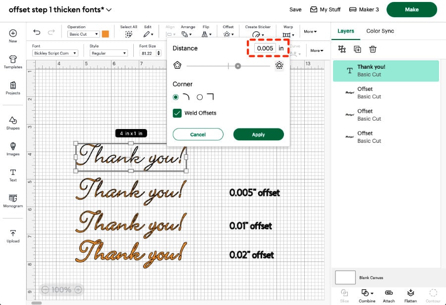 screenshot of Cricut Design Space, showing the offset tool being used to thicken delicate fonts