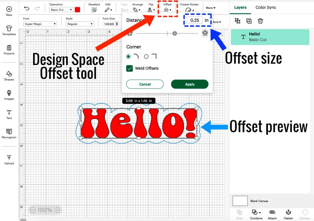 screenshot showing the location of the offset tool and basic function in Cricut Design Space