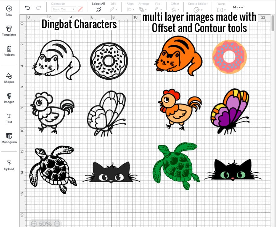 design space screenshot showing multiple dingbat characters converted to multi-layer, multi-color graphics with the offset and contour tools