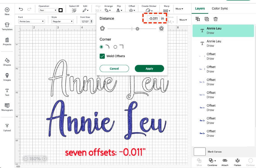 design space screenshot showing how negative offsets (or insets) are used to fill in a block of text so it can be filled in with a pen