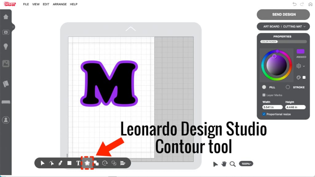 screenshot showing the location of the contour tool in Siser Leonardo Design Studio