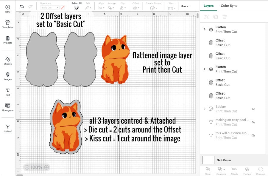 screenshot demonstrating how to set up a manual easy peel sticker using multiple offset layers attached to a print and cut image