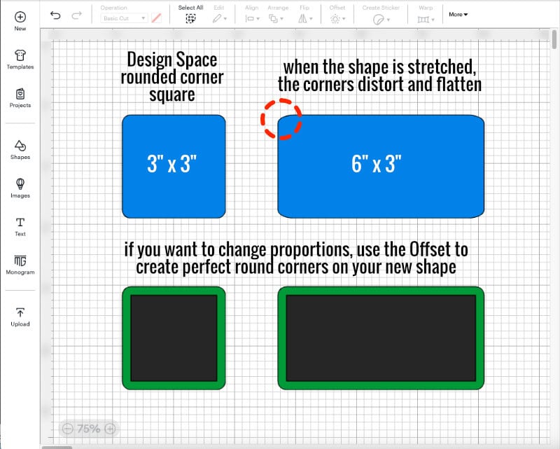 design space screenshot showing how rounded corners on default shapes get distorted when their dimensions or proportions are changed. Making rounded corners with the Offset tool ensures you get a consistent round corner on any shape