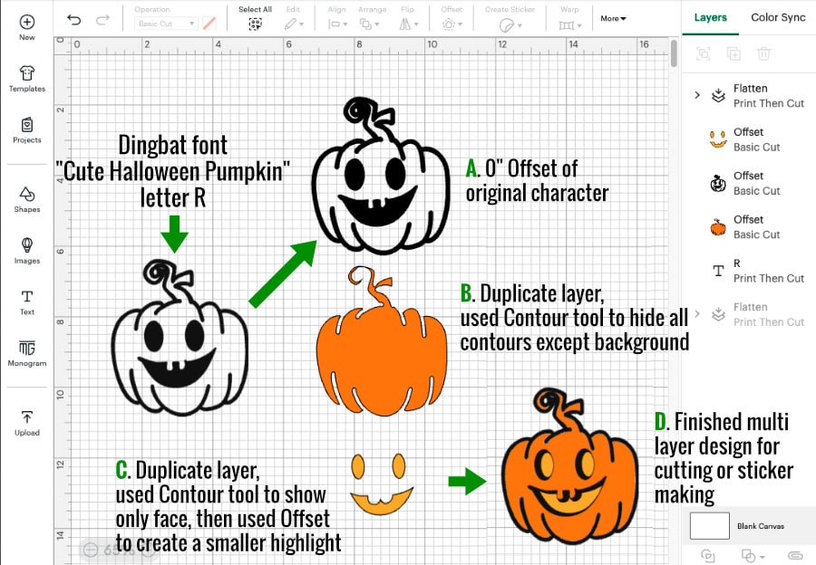 design space screenshot showing how the offset and contour tools are used to transform dingbat fonts into multi layer, multi color graphics