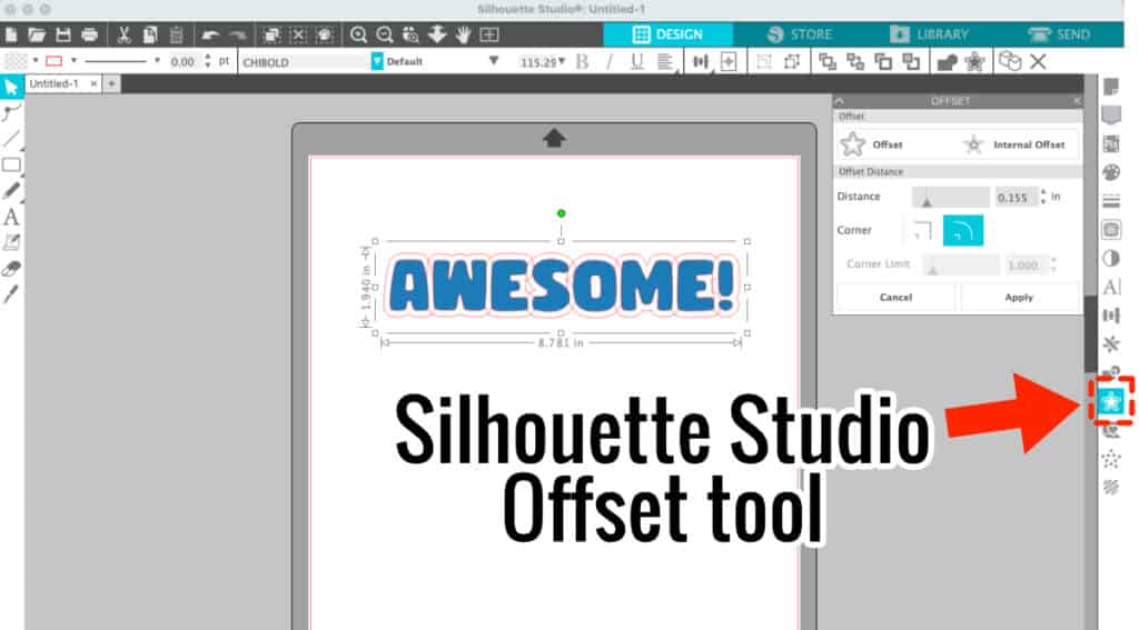 screenshot showing the location of the offset tool in Silhouette Studio