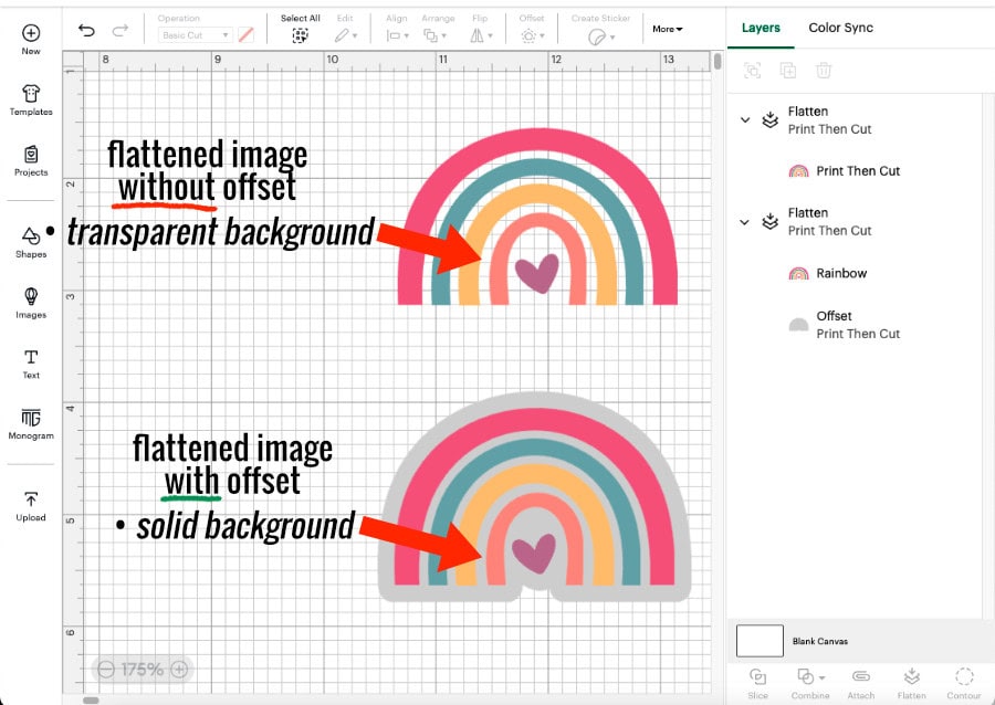 design space screenshot demonstrating the difference between flattened image without an offset background layer and a flattened image with an offset background layer