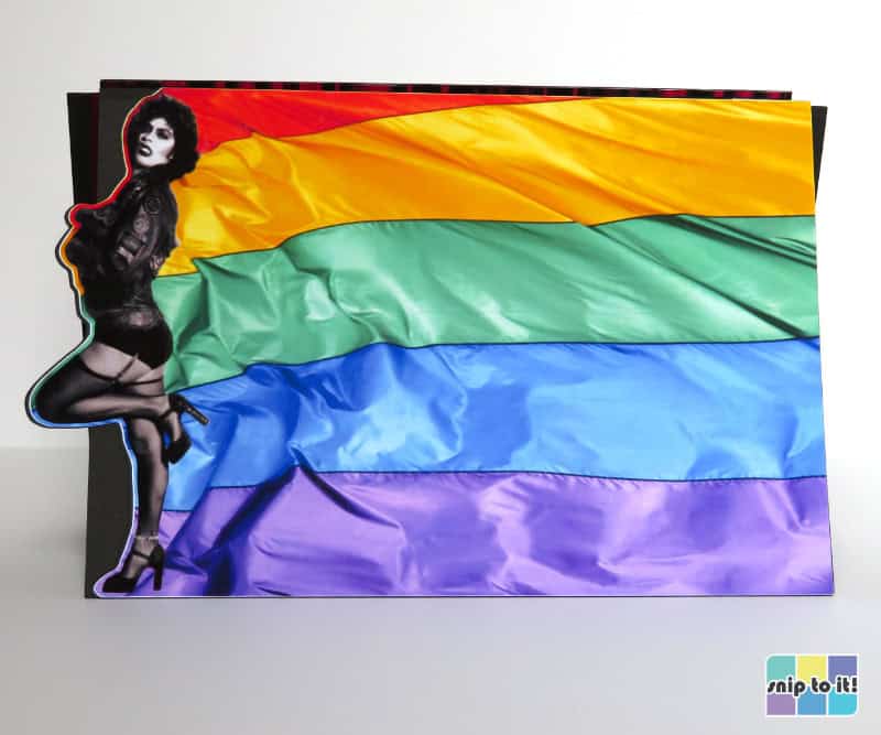 closeup image of a custom Rocky Horror Picture Show side edge birthday card featuring an offset used in combination with a print then cut operation