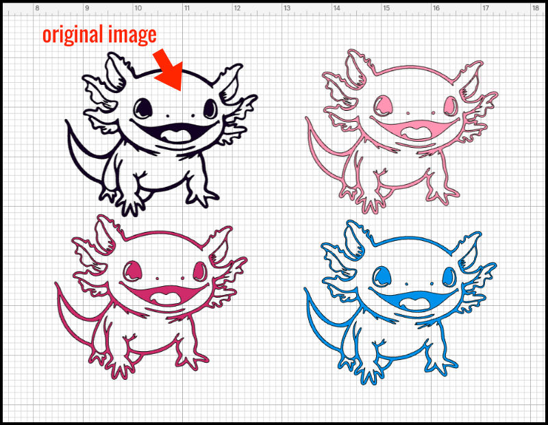 Design Space Screenshot showing original single layer axolotl sample image plus 3 duplicates. Each of the duplicates has been been modified to show the color of the finished layer