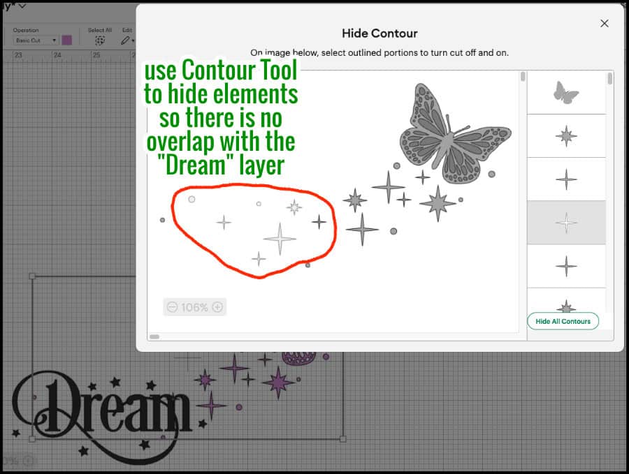 screenshot showing removal of all the cuts from the butterfly image that overlap Dream
