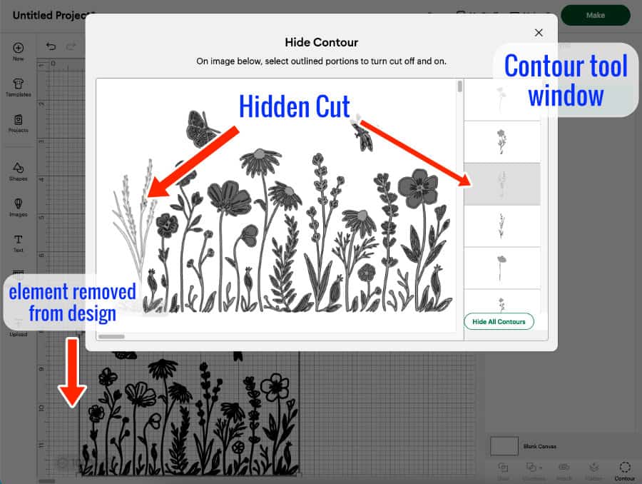 Screenshot showing the Contour tool interface in Cricut Design Space, annotated to show selected design elements to be "hidden" and the corresponding view in the working image on the Canvas
