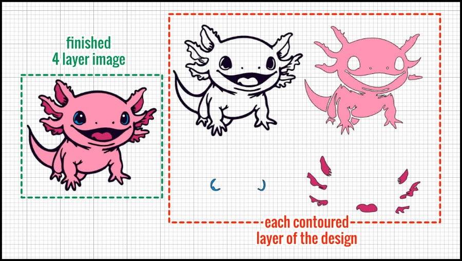 Cricut Design Space screenshot showing complete 4 color axolotl image alongside the 4 separate layers