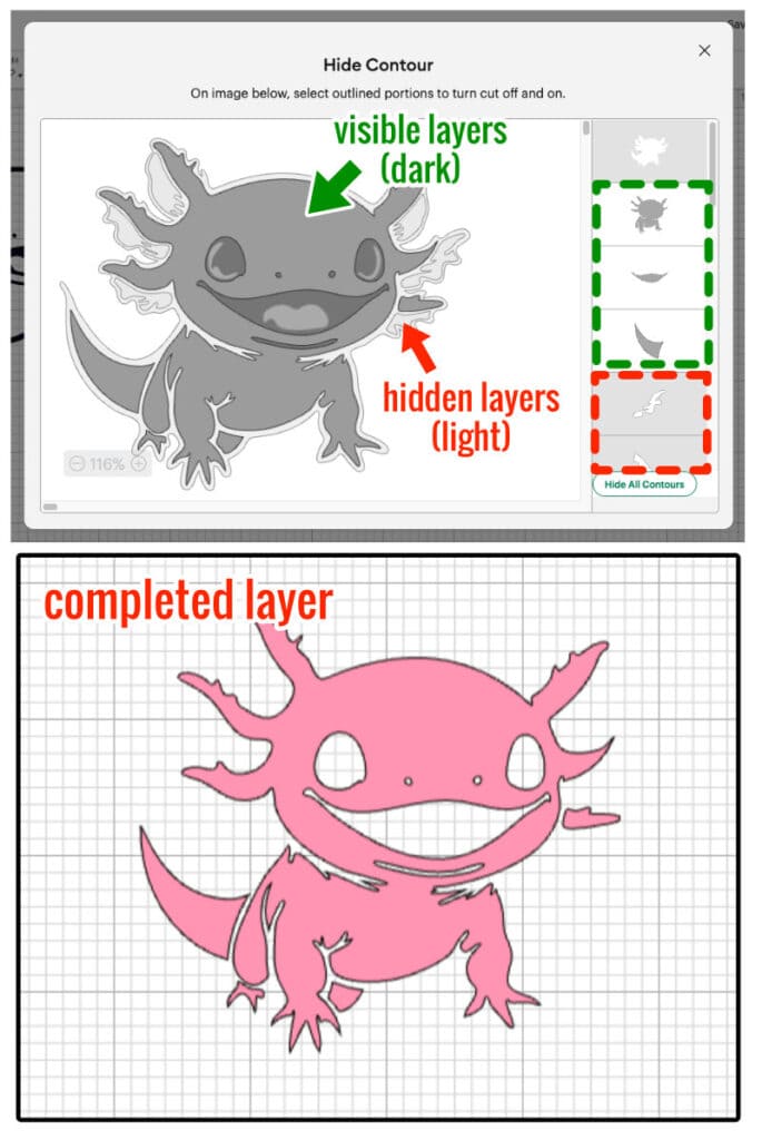 design space screenshot showing the results of using contour to hide everything but the pink body fill for the axolotl sample image