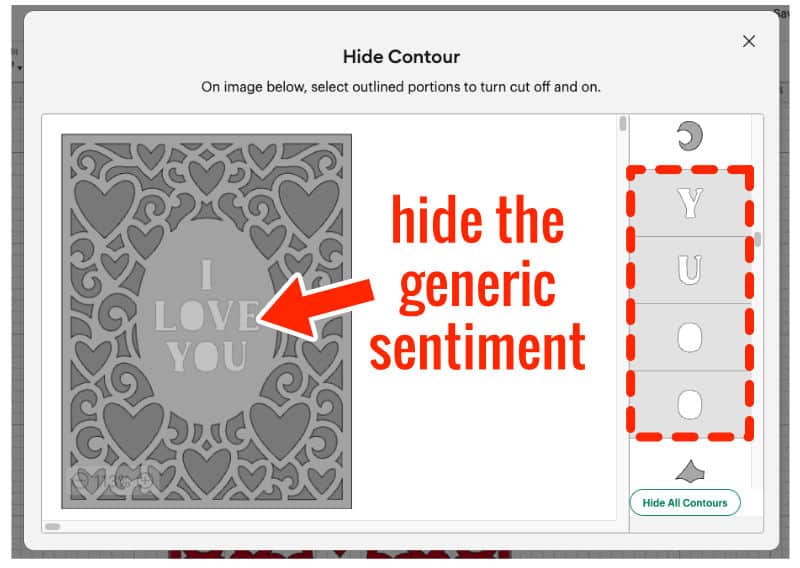screenshot of cricut design space showing how to use Contour to remove the sentiment from a pre-designed image, removing "I love you" from a frame