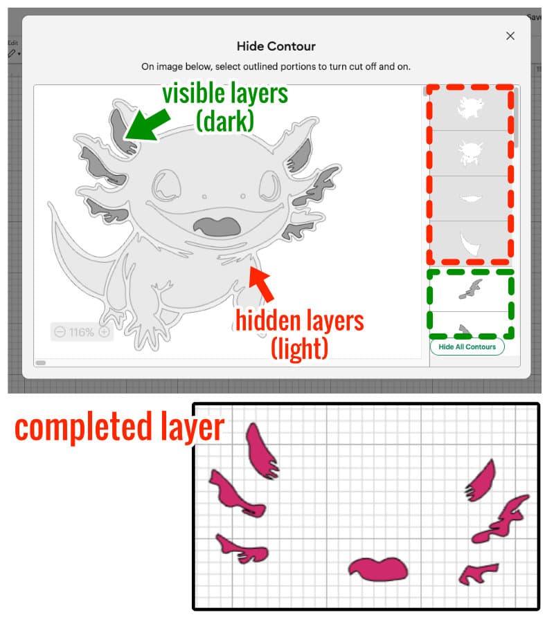 design space screenshot showing the results of using contour to hide everything but the dark pink tongue/gill layer for the axolotl sample image
