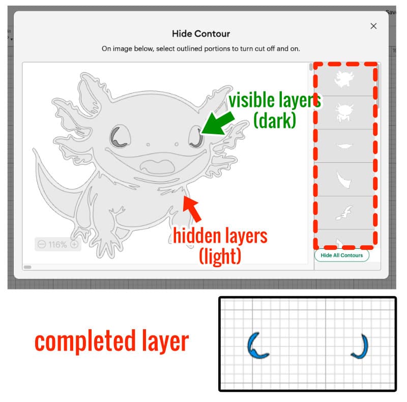 design space screenshot showing the results of using contour to hide everything but the blue eyes for the axolotl sample image