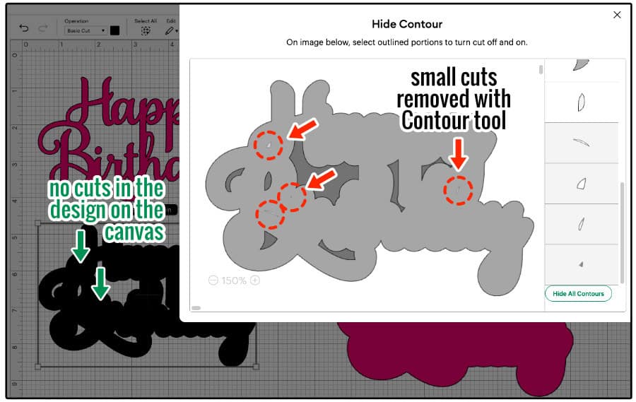 design space screenshot showing the contour tool being used to remove small cuts from an offset layer that will be positioned underneath a layer of text reading "Happy Birthday" in flowing script