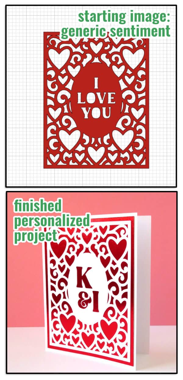 comparison between the generic original image in design space and the finished personalized valentine's card project