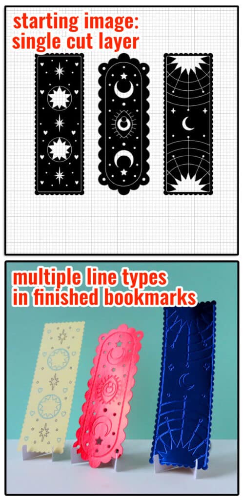 screenshot of single layer images above a photo of bookmarks made by modifying line types of the original image files to cut + draw or deboss