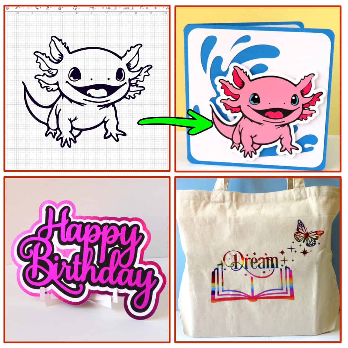 feature image for the Cricut contour tool tips article, featuring an array of projects made and personalized with the contour tool, including a 4 color axolotl graphic, mixed line type bookmarks, a combined graphic applied to a canvas tote bag, a birthday cake topper in fuchsia glitter and cardstock and a personalized valentine card