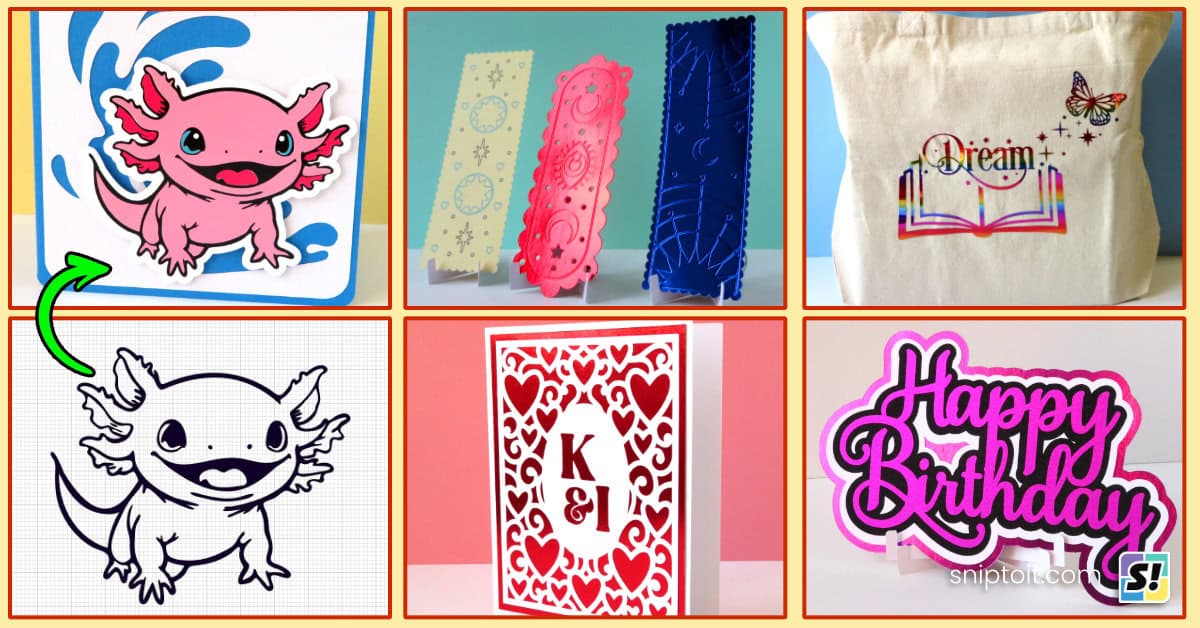 feature image for the Cricut contour tool tips article, featuring an array of projects made and personalized with the contour tool, including a 4 color axolotl graphic, mixed line type bookmarks, a combined graphic applied to a canvas tote bag, a birthday cake topper in fuchsia glitter and cardstock and a personalized valentine card