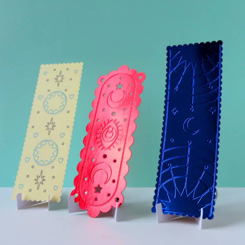 photo of finished cut + drawn/debossed bookmarks