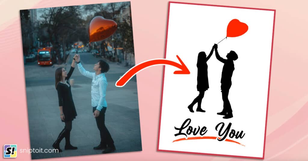 composite image showing a photo (left) of a young man and woman with a heart shaped balloon, next to a card design (right) made using an SVG of the silhouette of the man, woman, and balloon. The silhouette was created using the photo and Photopea