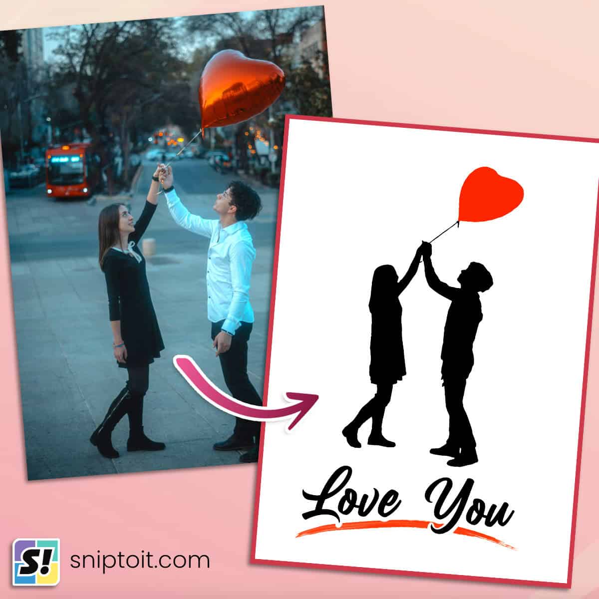 composite image showing a photo (left) of a young man and woman with a heart shaped balloon, next to a card design (right) made using an SVG of the silhouette of the man, woman, and balloon. The silhouette was created using the photo and Photopea