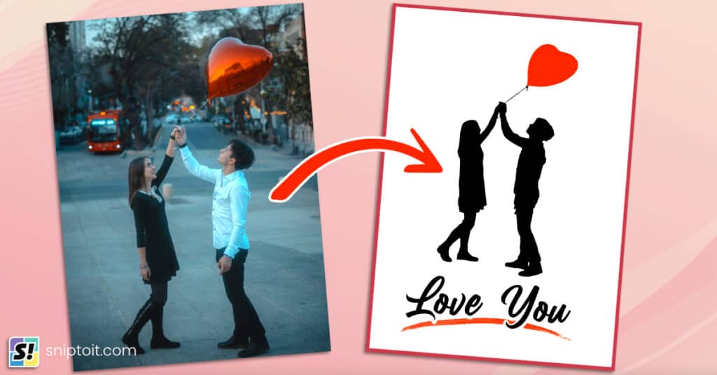 composite image showing a photo (left) of a young man and woman with a heart shaped balloon, next to a card design (right) made using an SVG of the silhouette of the man, woman, and balloon. The silhouette was created using the photo and Photopea