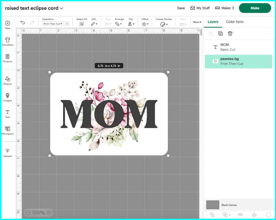 screenshot from raised text eclipse card tutorial showing resized image and text