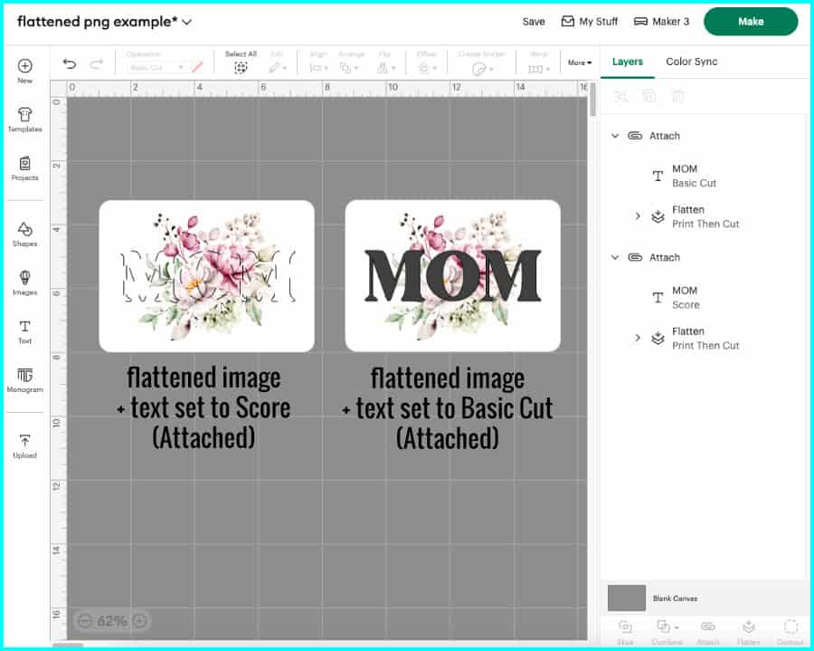 screenshot of flattened image duplicates, one with text set to score and the other with text set to basic cut, to create an eclipse card with raised text.